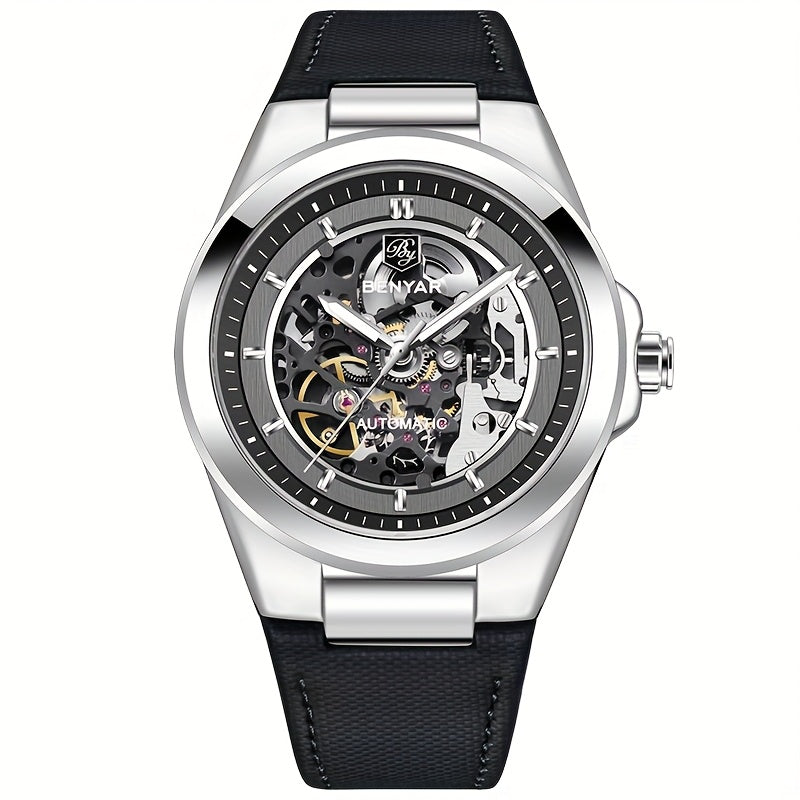 BY BENYAR Automatic Mechanical Unisex Watch – Luminous Round Dial, Blue & Gold Accents, PU Faux Leather Strap