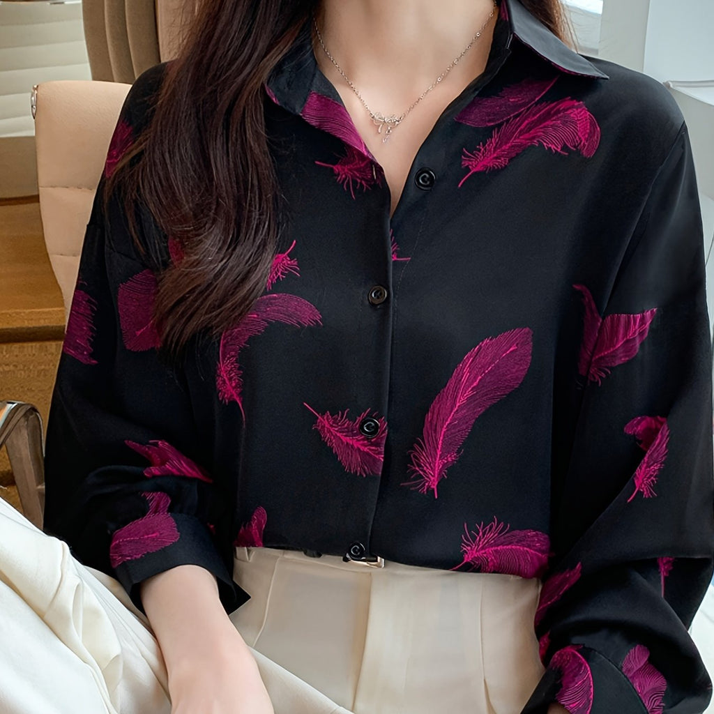Women's Vintage Feather Print Long Sleeve Polo Shirt - Loose Fit Lapel Collar Blouse