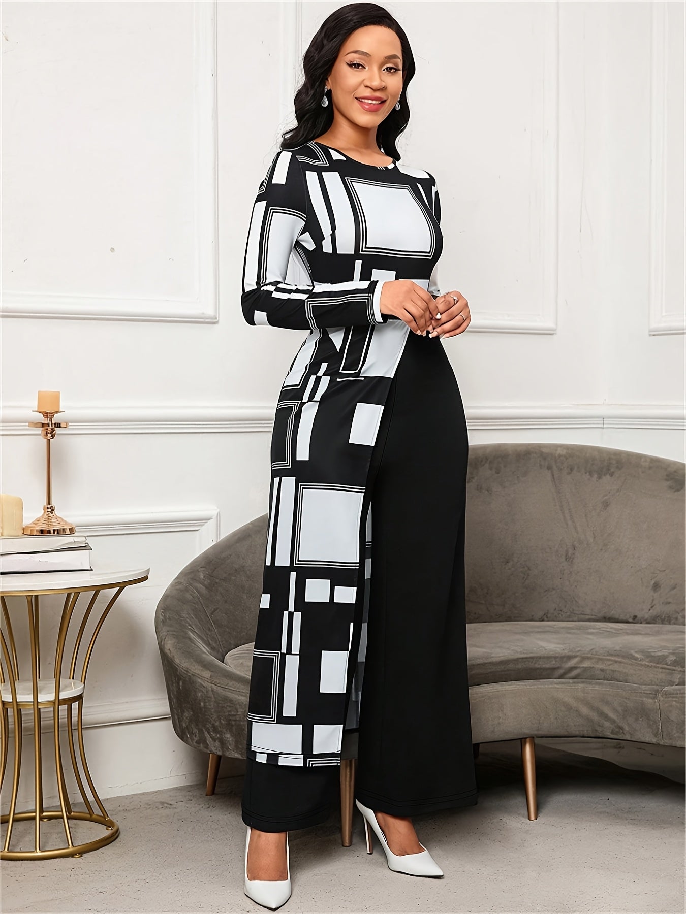 Women's Black & White Plaid Jumpsuit – Winter Wide-Leg Trousersuit with Crew Neck & Asymmetrical Collar, Machine Washable Full-Length Bodysuit for Office Party Wedding
