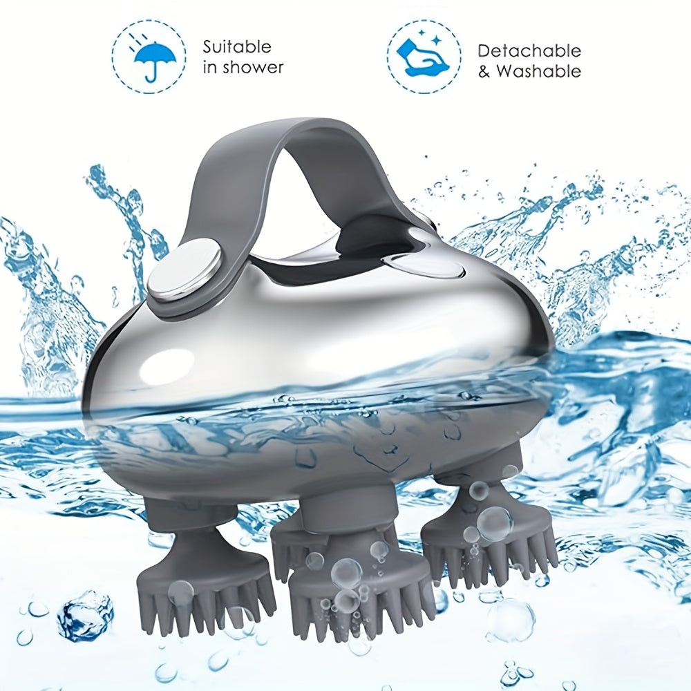 USB Rechargeable Hanging Rope Scalp Massager – 5-in-1 Kneading, 96 Massage Nodes, Handheld Portable Head Scratcher & Deep Hair Cleaner, Silvery