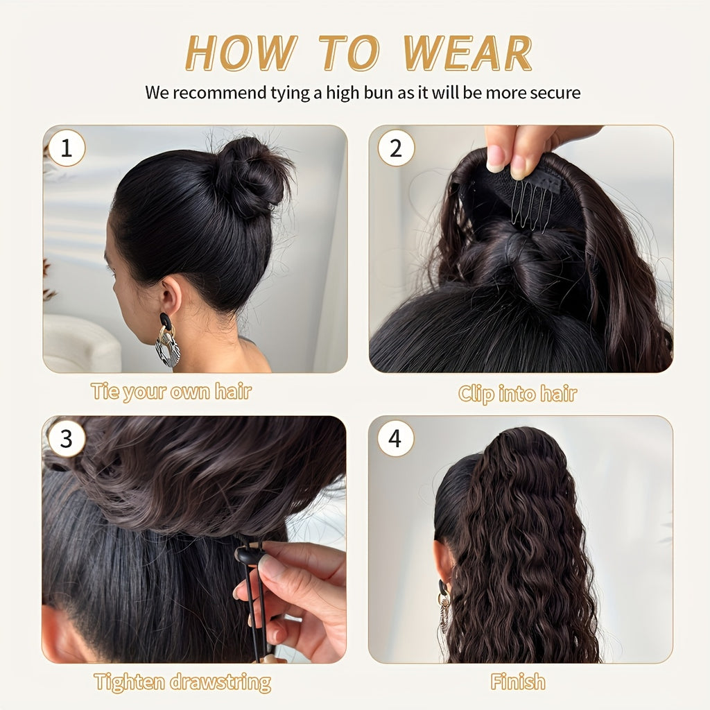28-inch (71 cm) Deep Wave Drawstring Clip-On Ponytail Hair Extension, Heat-Resistant Synthetic, Multi-Color