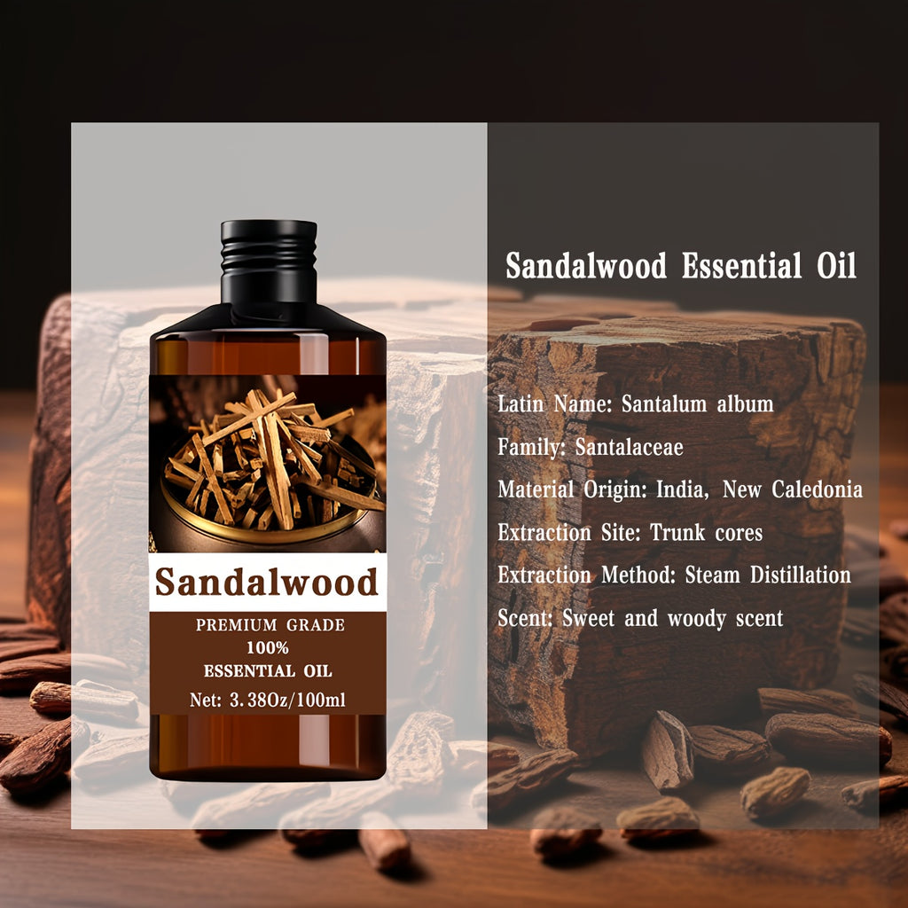 Sandalwood Essential Oil 3.38 oz (100 ml) 100% Pure Hypoallergenic Massage Oil with Eucalyptus & Vitamin C for Skin, Hair & Nails, Diffusers & Relaxation Gift