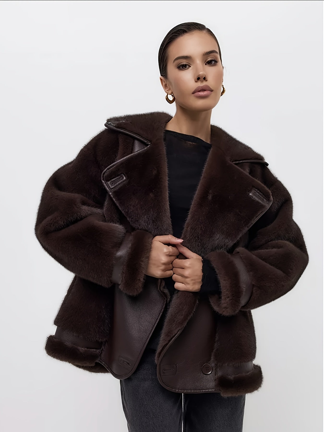AFTF BASIC Women's Long Faux Mink Fur Jacket, Asymmetrical Hem Motorcycle Coat with Turnover Collar and Faux Fur Lining