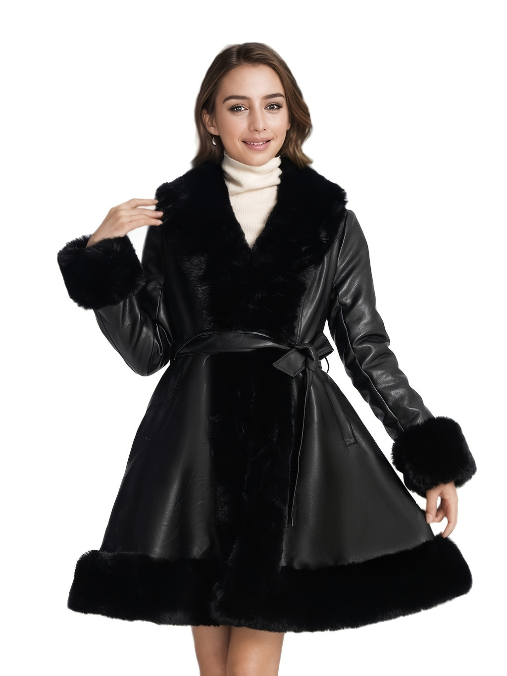 Women's Midi Faux Fur-Lined Faux Leather Belted Coat, Elegant Winter Long Sleeve Jacket