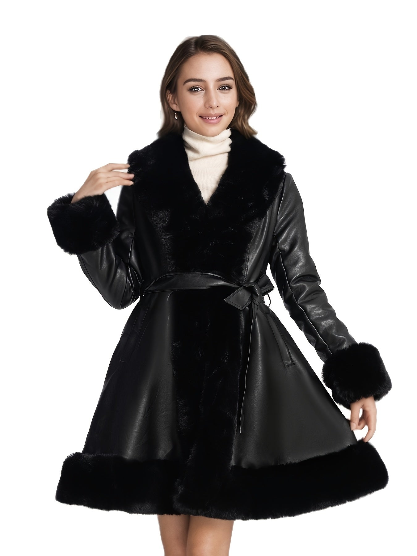 Women's Midi Faux Fur-Lined Faux Leather Belted Coat, Elegant Winter Long Sleeve Jacket