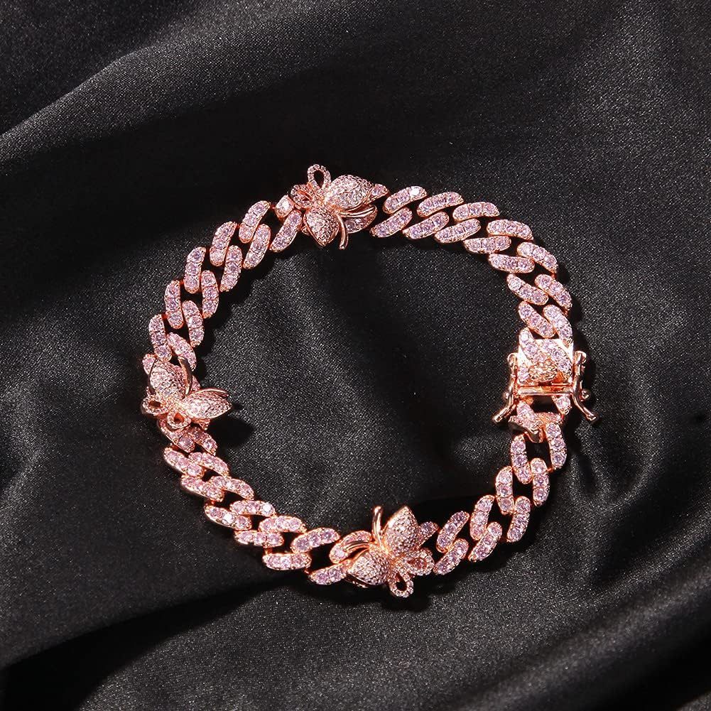 925 Sterling Silver Cuban Link Bracelet 18K Gold Plated with Butterfly Pendants & Lab Moissanite Accents – Elegant Gift for Valentine’s Day & Parties