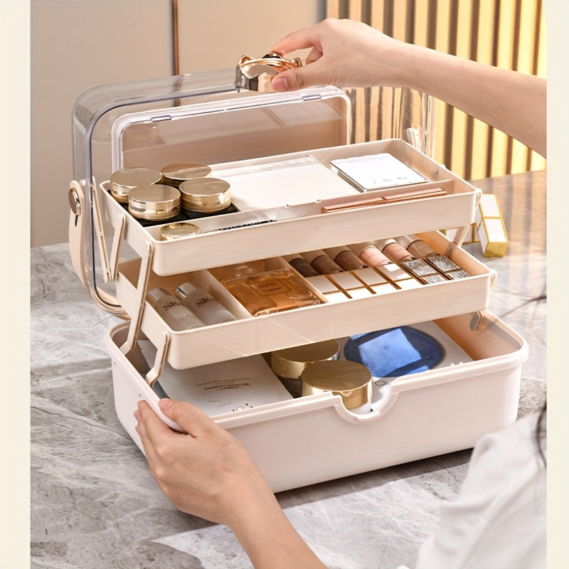 Large Capacity Makeup Organizer Box with Mirror - Multi-Layer Dust-Proof Cosmetic Case with Lock, Beige & White for Travel & Home Storage