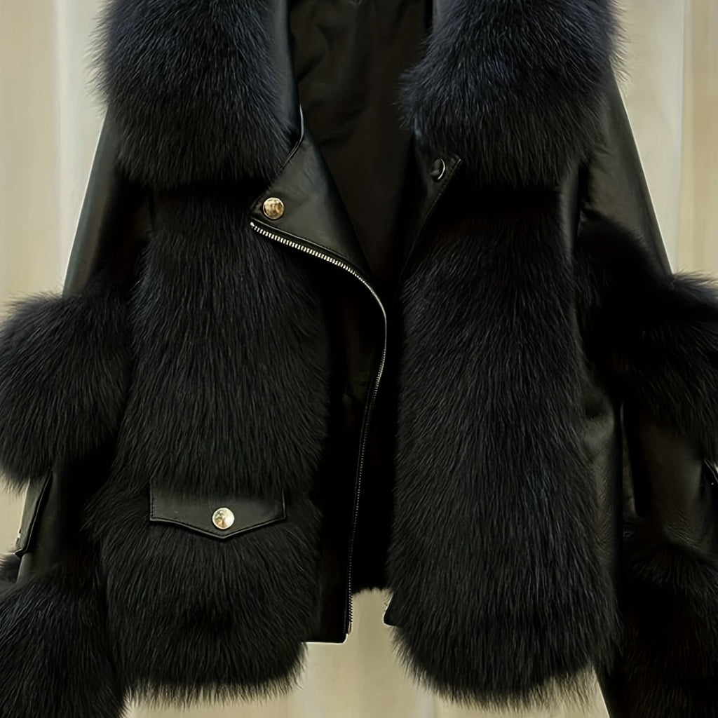 SCACTO Women's Faux Fur Jacket with Leather Accents - Long Sleeve Casual Coat