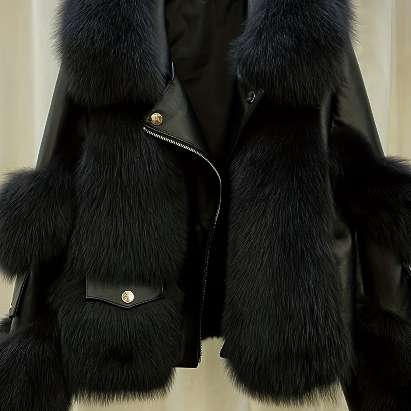 SCACTO Women's Faux Fur Jacket with Leather Accents - Long Sleeve Casual Coat