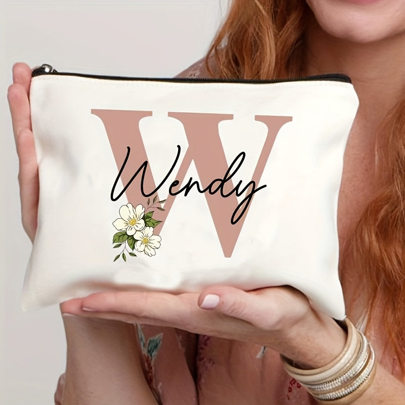 Customizable Floral Makeup Bag - Foldable Polyester Cosmetic Pouch for Travel, Zippered Toiletry Organizer, Machine Washable, Ideal Bachelorette Gift