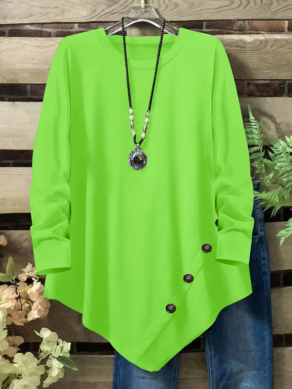Plus Size Women's Loose Fit Long Sleeve Top with Button Detail, Round Neck & Asymmetrical Hem