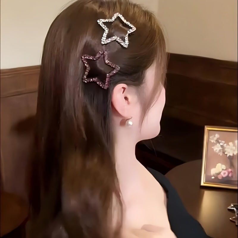 2-Pack Rhinestone Star Hair Clips - Five-Pointed BB Clips for Bangs & Side Hair, Elegant Minimalist Hairpins, Gift for Eid & Ramadan