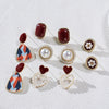 5-Pair Wine Red Vintage Faux Pearl Earrings Set, Hong Kong Style Boho Earrings for Women — Daily Wear & Valentine's Gift