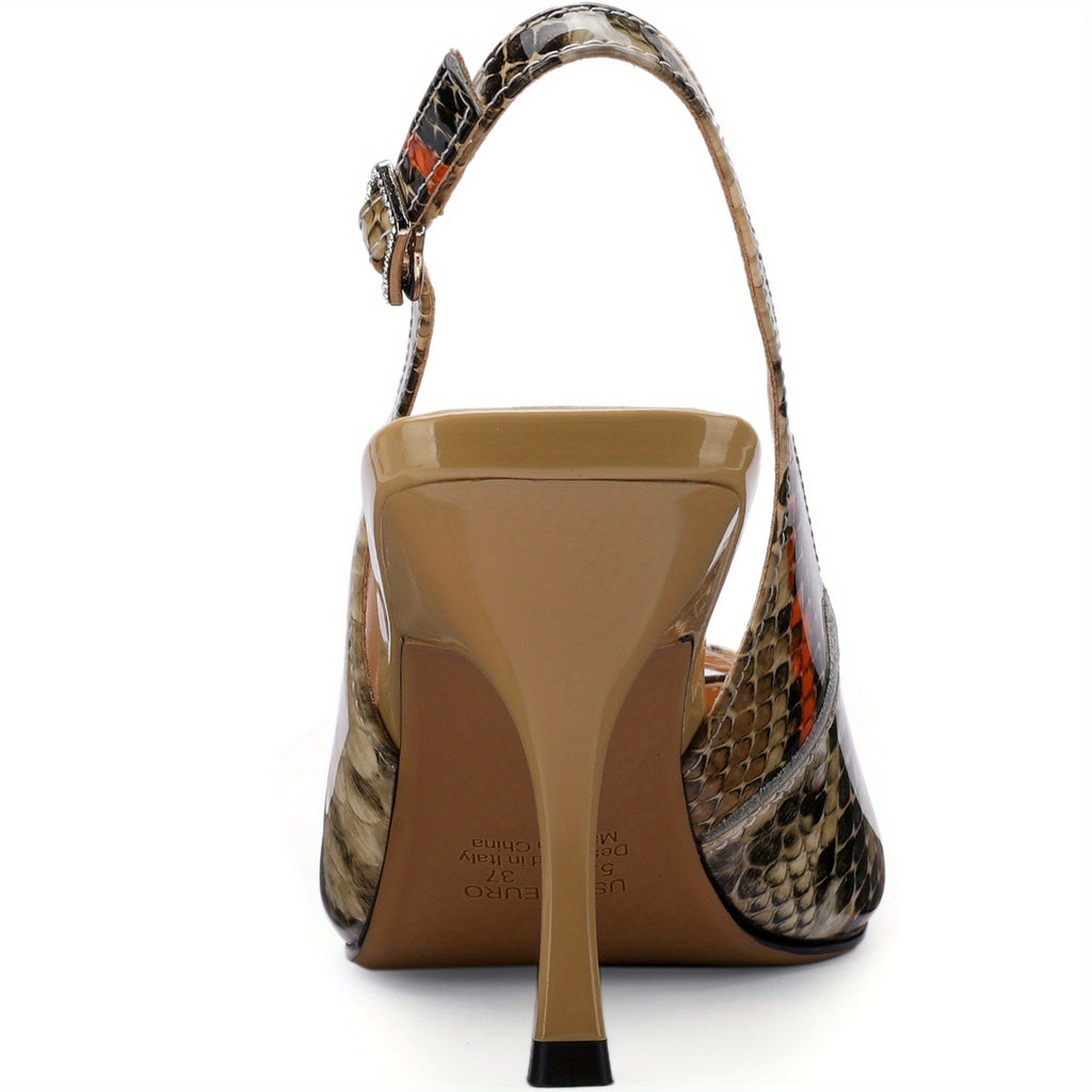 Snake Print Women's Strappy Stiletto Sandals - Pointed Toe Dress Heels, 3 in (7.6 cm)