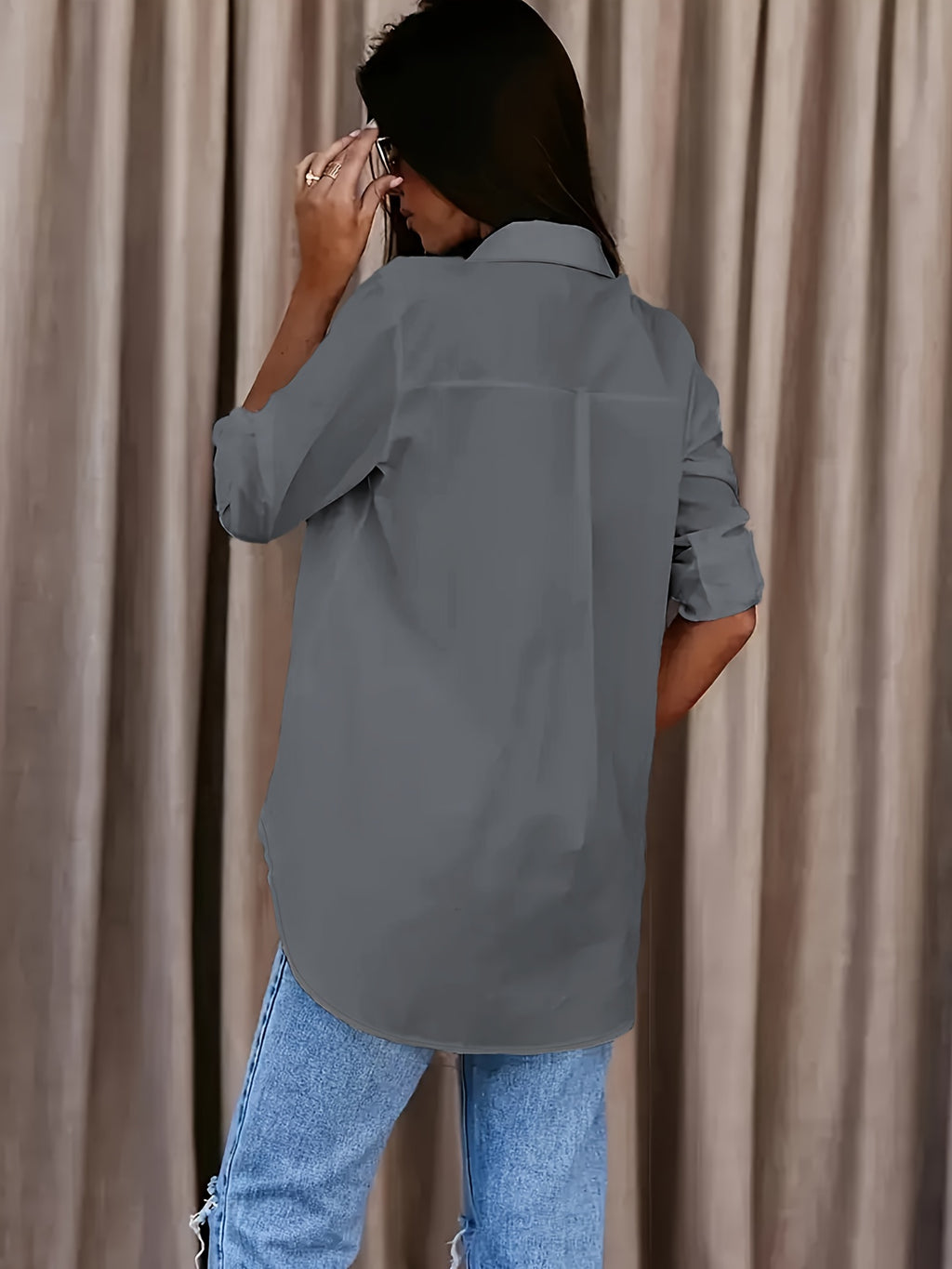 Women's Solid Button-Front Shirt - Casual Turn-Down Collar Office Blouse