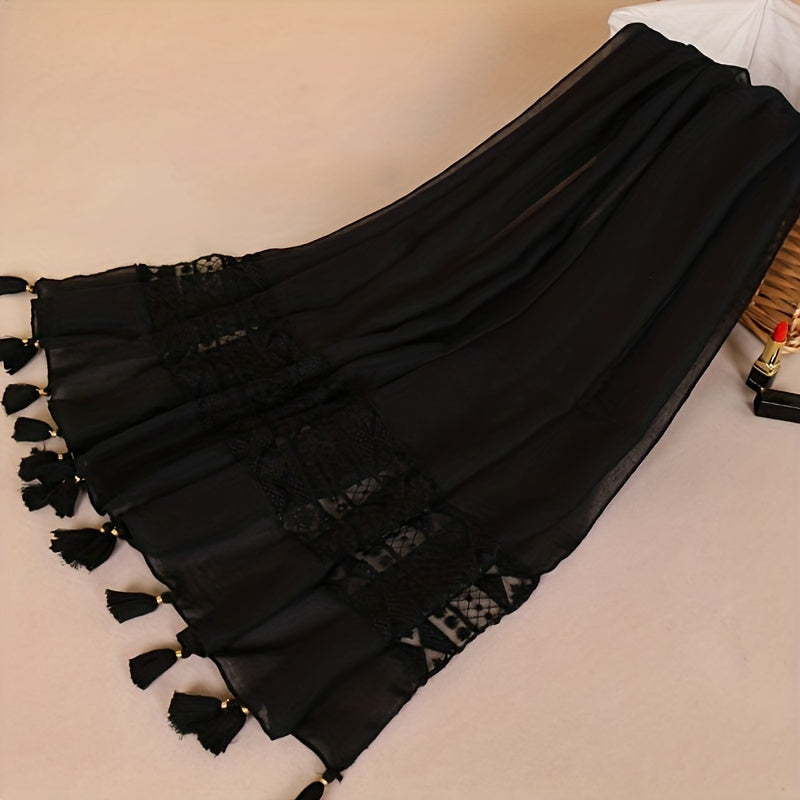 Embroidered Hollow Lace Tassel Scarf for Women — Elegant Lightweight Windproof Wrap for Cold Weather & Eid