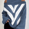 Plus Size Off-Shoulder High-Neck Cable Knit Sweater, Grey & White Striped Pullover, Machine Washable