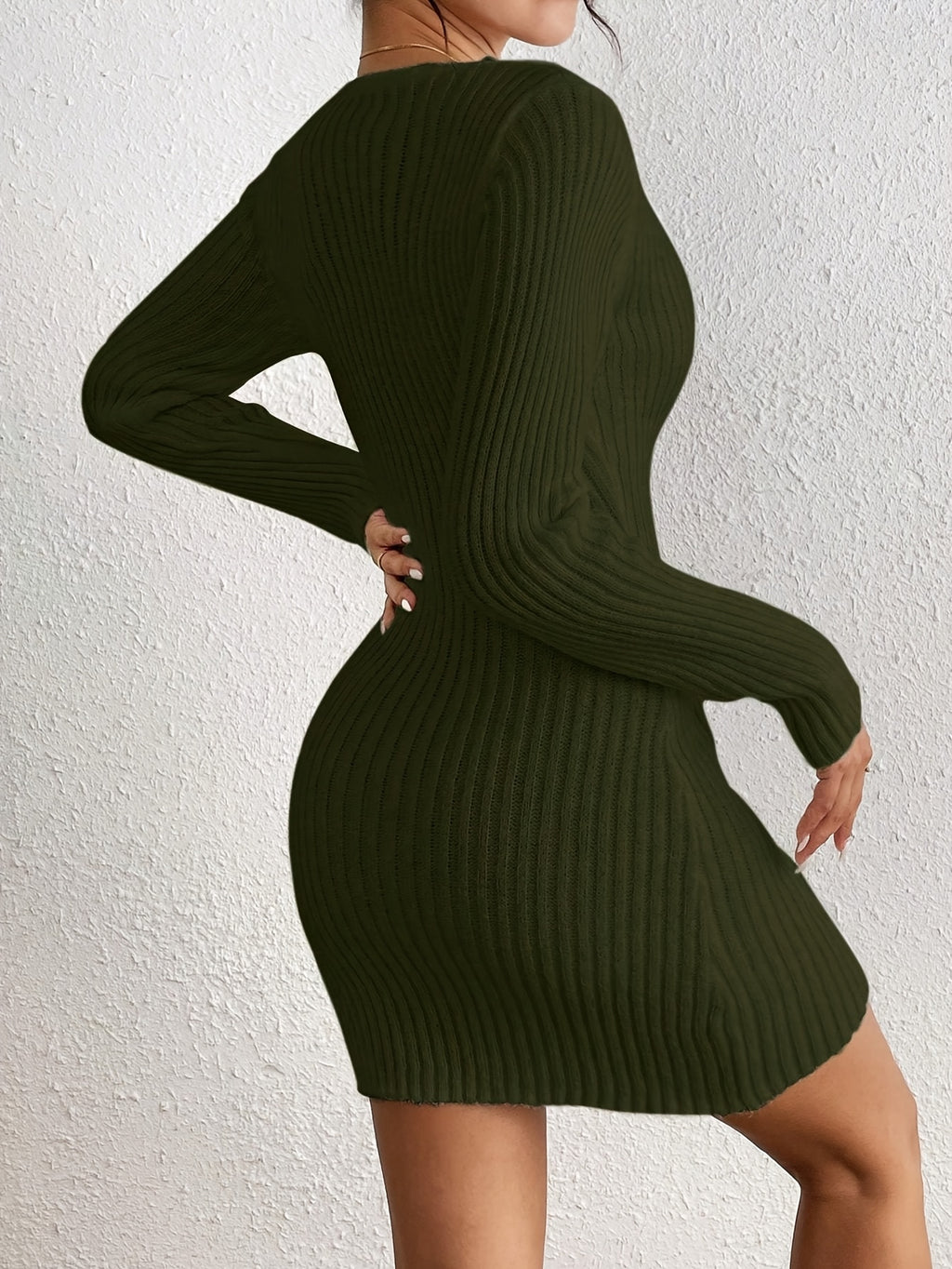 Women's Olive Green A-Line Sweater Dress - V-Neck Short Sleeve Flowy Hem, Versatile Casual to Formal