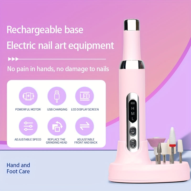 Cordless Electric Nail Drill Kit with Drill Bits & Sanding Bands, Rechargeable USB Manicure & Pedicure File for Acrylic Gel Nails (Bright Pink)
