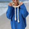 Women's Oversized Hooded Knit Sweater - Cozy Acrylic Pullover with Drawstring Hood, Long Sleeve, Black with Cream Accents