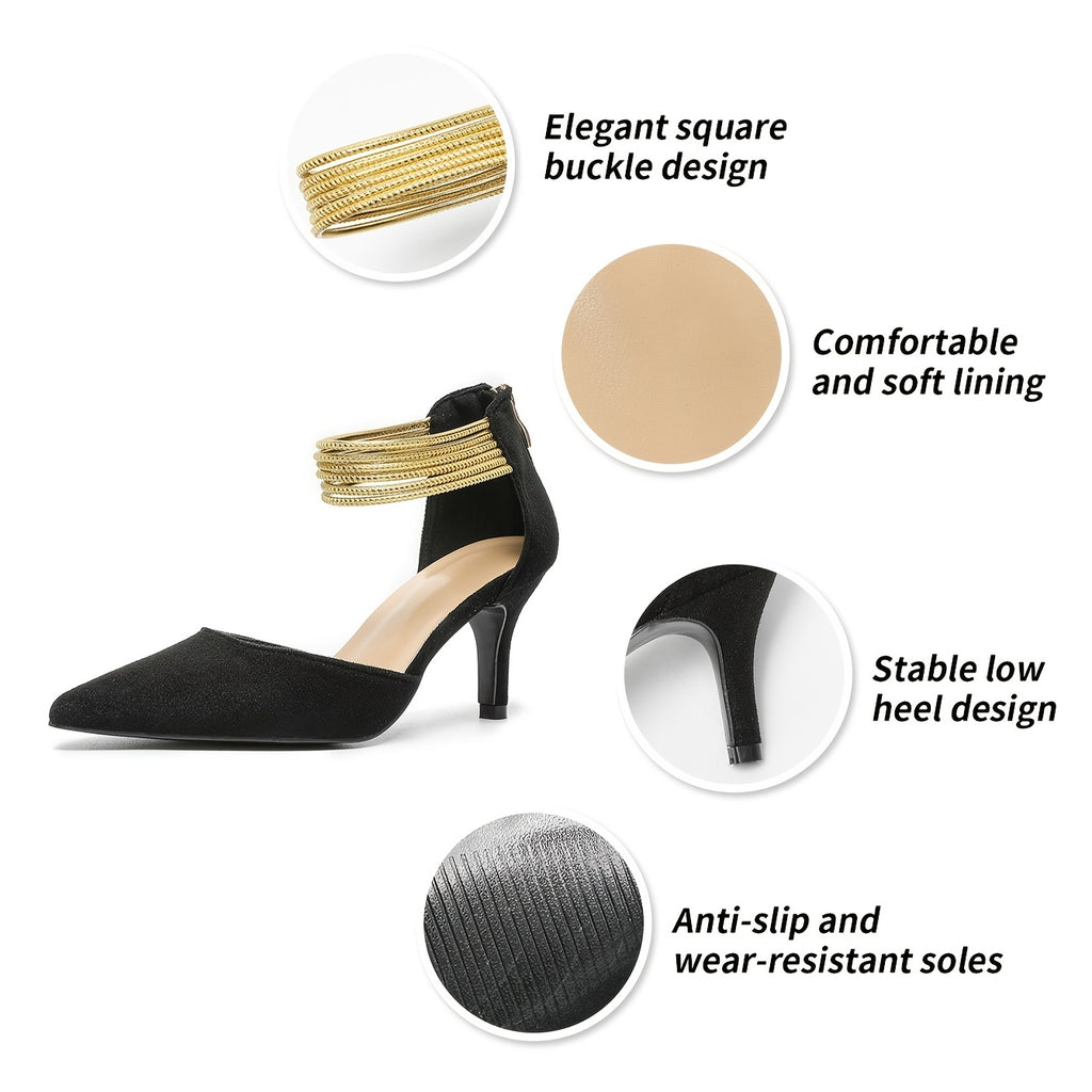 Elegant Women's Pointed Toe Stiletto Heels with Gold Belt Accent & Back Zipper