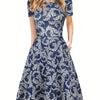 Elegant Retro A-Line Midi Dress Short Sleeve Fit-and-Flare Casual Dress for Women