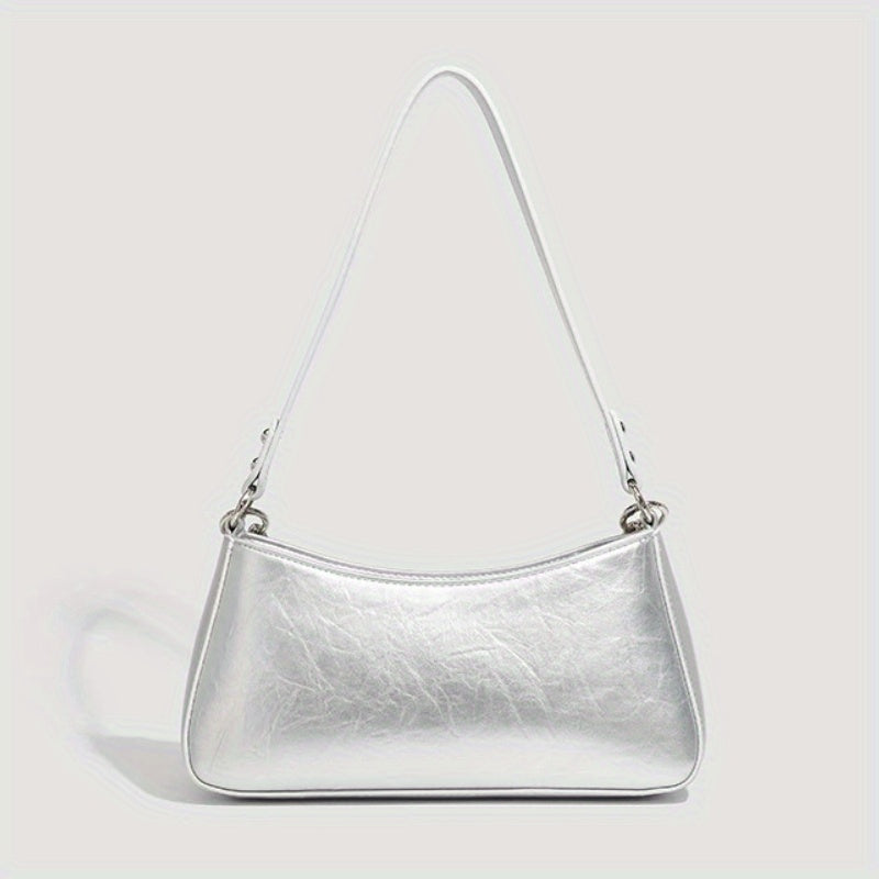 Silvery Baguette Shoulder Bag for Women – Minimalist Split Leather Adjustable Strap Handbag