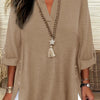 Plus Size Faux Denim Blouse with Decorative Buttons & Tassel Knot Front High-Low Hem Spring/Summer Polyester Blend