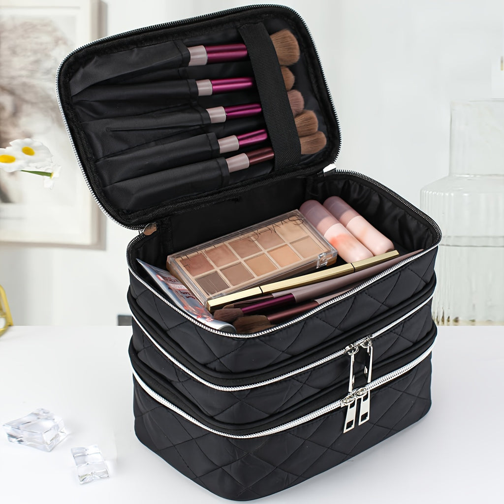 Large Capacity Black Rhombus Travel Organizer Bag – 3-Tier Double-Layer Makeup Case with Gold Zippers