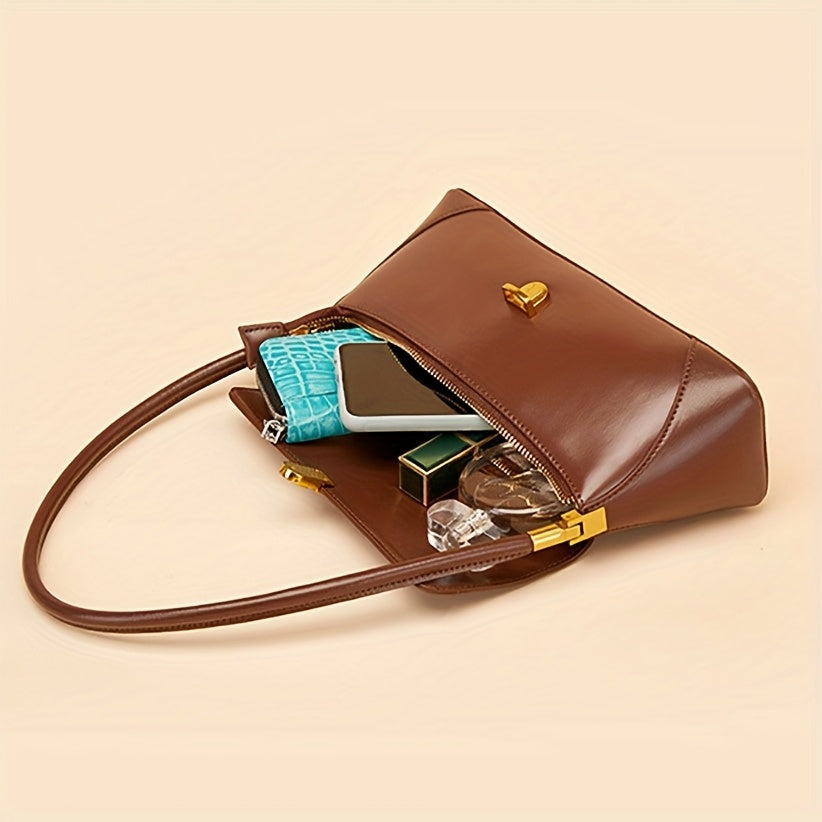 Women's French Baguette Handbag – Cowhide Shoulder Purse with Gold Hardware, Fixed Strap, Buckle Closure, Coffee/White/Black