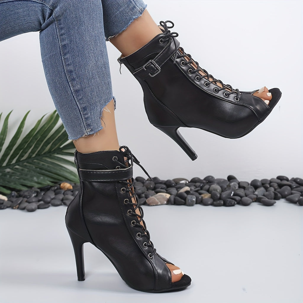 Flexible High-Heel Dance Shoes – Synthetic Open-Toe Ankle Strap Platform (1.6–2.0 in / 4–5 cm) – Black Gothic Lace Accent for Stage, Ballet & Night Out