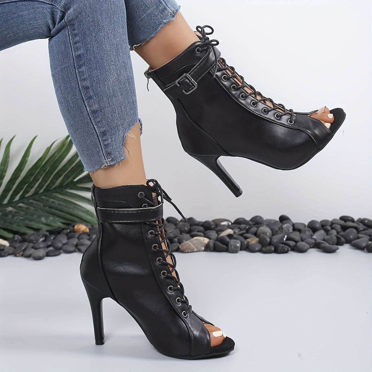 Flexible High-Heel Dance Shoes – Synthetic Open-Toe Ankle Strap Platform (1.6–2.0 in / 4–5 cm) – Black Gothic Lace Accent for Stage, Ballet & Night Out