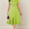 Elegant Rhinestone V-Neck Slim-Fit Asymmetrical Hem Tie-Waist Short-Sleeve Long Evening Dress - Machine Washable Formal Party Gown