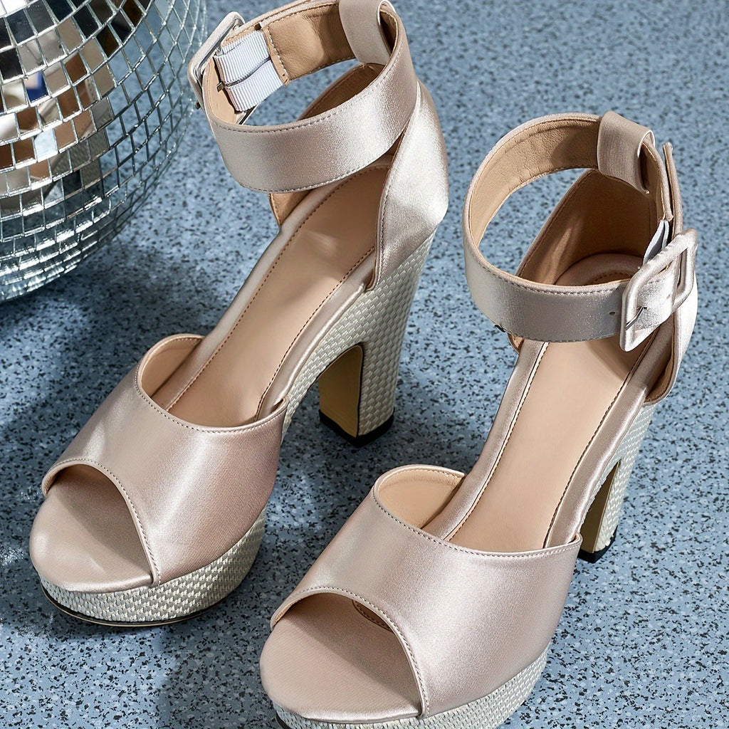 Women's Satin Peep-Toe Platform Chunky High Heels with Buckle Ankle Strap, Comfortable Travel & Shopping Pumps
