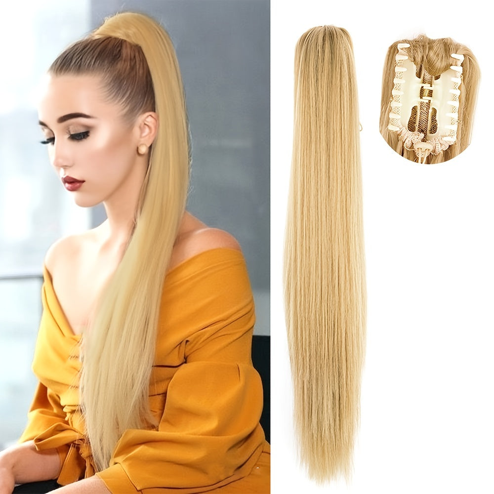 22-Inch (56 cm) Straight Synthetic Ponytail Extension with Claw Clip - Heat-Resistant Black & White Hairpiece for Women