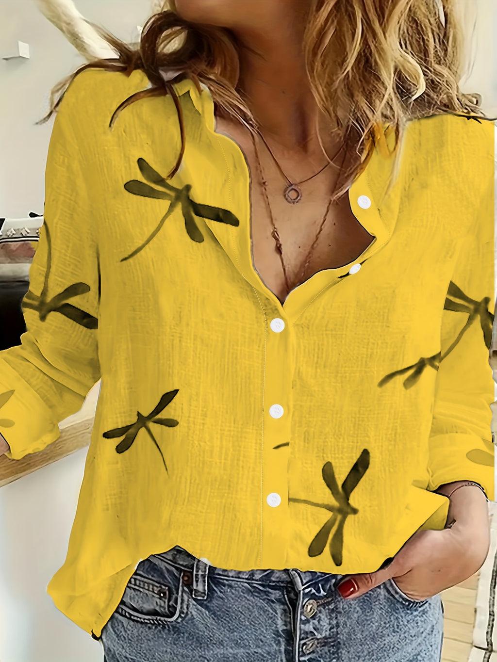 Women's Loose Fit Dragonfly Print Shirt - Lightweight Breathable Lapel Collar Blouse for Summer