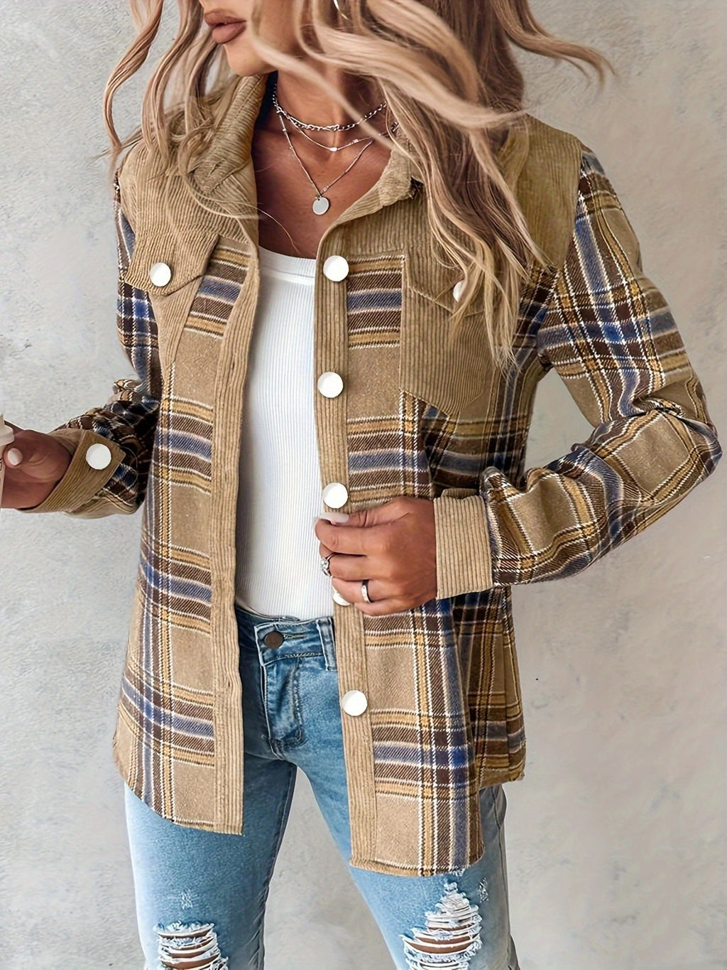 Women's Pink & Black Plaid Long Sleeve Button Shirt - Square Neck, 100% Polyester, Machine Washable