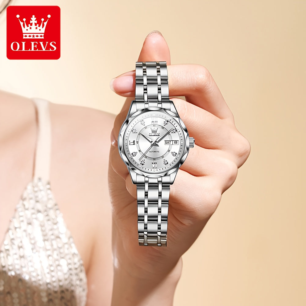 OLEVS Women's Automatic Mechanical Watch - Stainless Steel Dual Calendar Luminous Rectangular Case