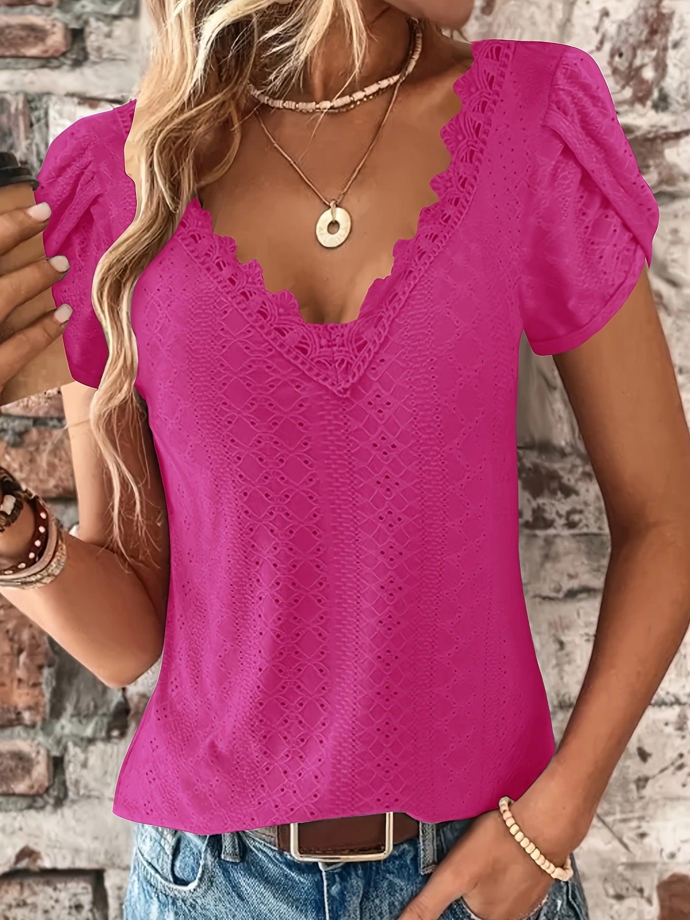 Elegant Women's Lace V-Neck Top — Petal Short Sleeves, Lightweight Summer Blouse