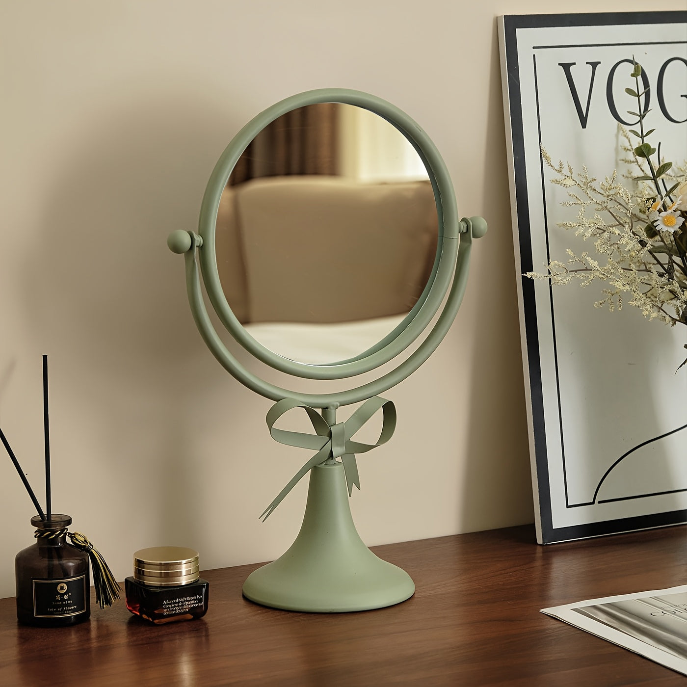 Elegant Wrought Iron Adjustable Tabletop Vanity Mirror – HD Rotating Makeup Mirror, Macaron Color Options