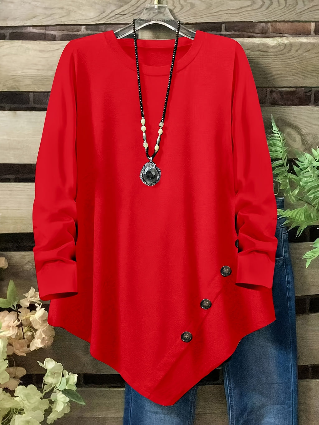 Plus Size Women's Loose Fit Long Sleeve Top with Button Detail, Round Neck & Asymmetrical Hem