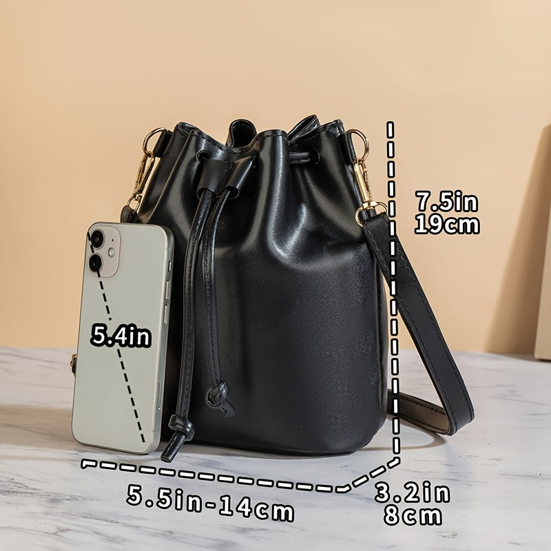 Women's Black Adjustable Crossbody Bucket Bag - Drawstring Closure Minimalist Shoulder Purse