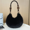 Women's Plush Faux Fur Tote & Crossbody Bag with Beaded Strap – Zipper Closure, Gold-Tone Beads, Multiple Colors