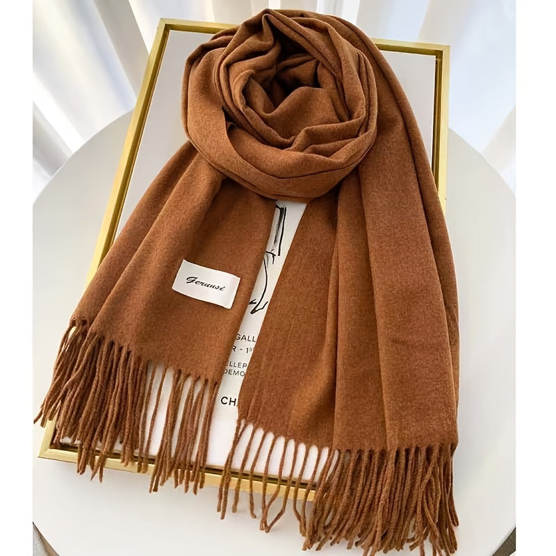 Solid Color Tassel Scarf with Fringe - Lightweight Polyester Shawl for Women