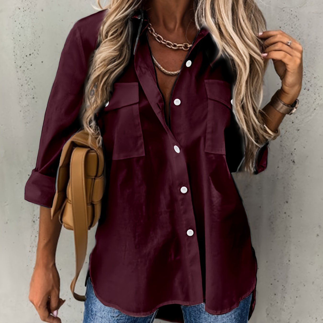 Women's Button-Front Collared Long Sleeve Shirt — Solid Casual Office Blouse