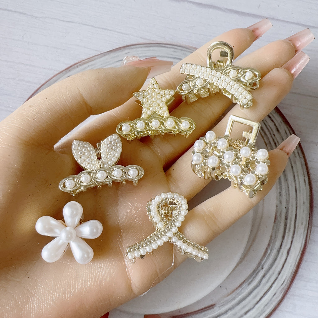 6-Pack Women's Metal Hair Claw Clips with Faux Pearls & Rhinestones, Elegant Boho Set