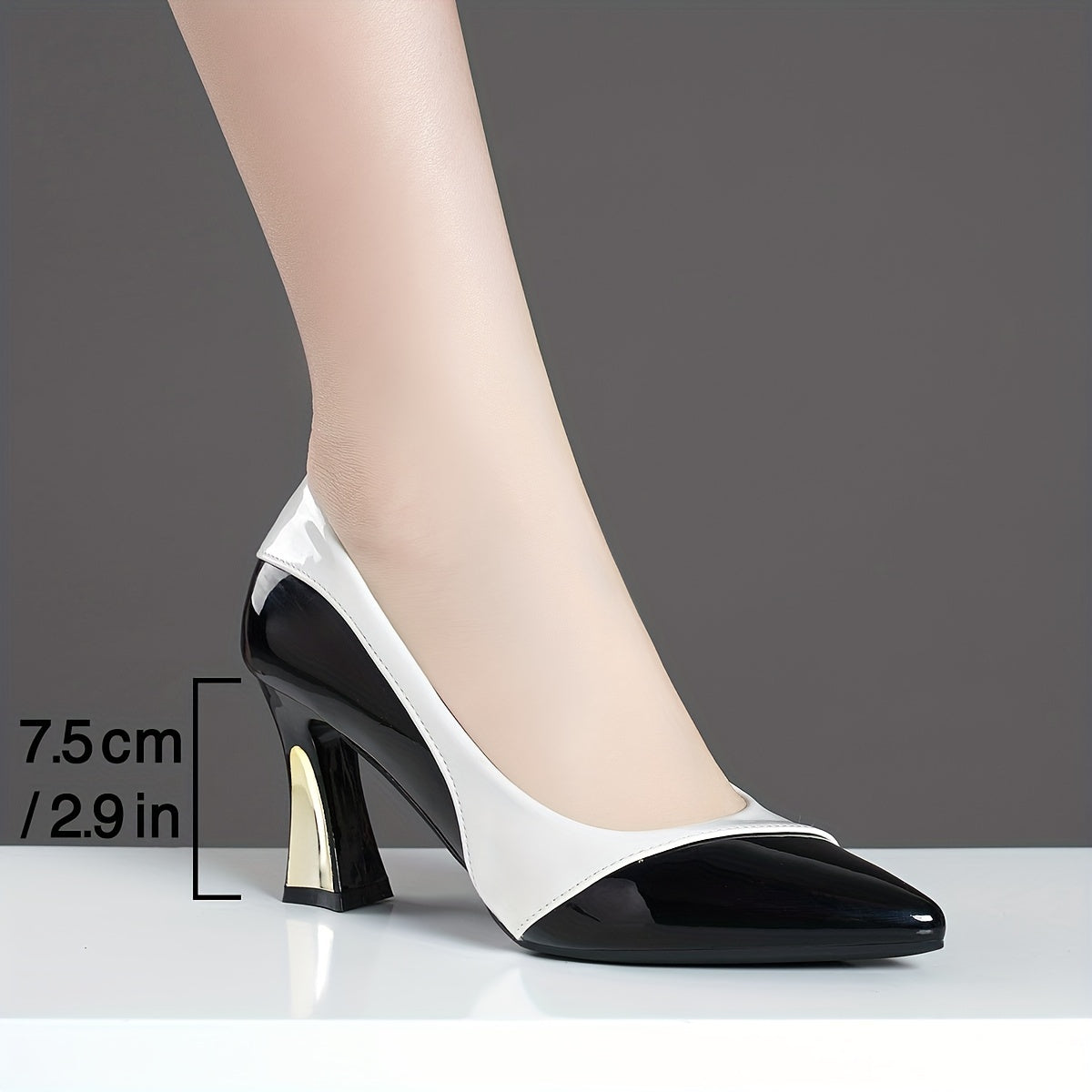 Colorblock Pointed-Toe Chunky Block Heel Pumps – Faux Leather Slip-On Dress Shoes for Women