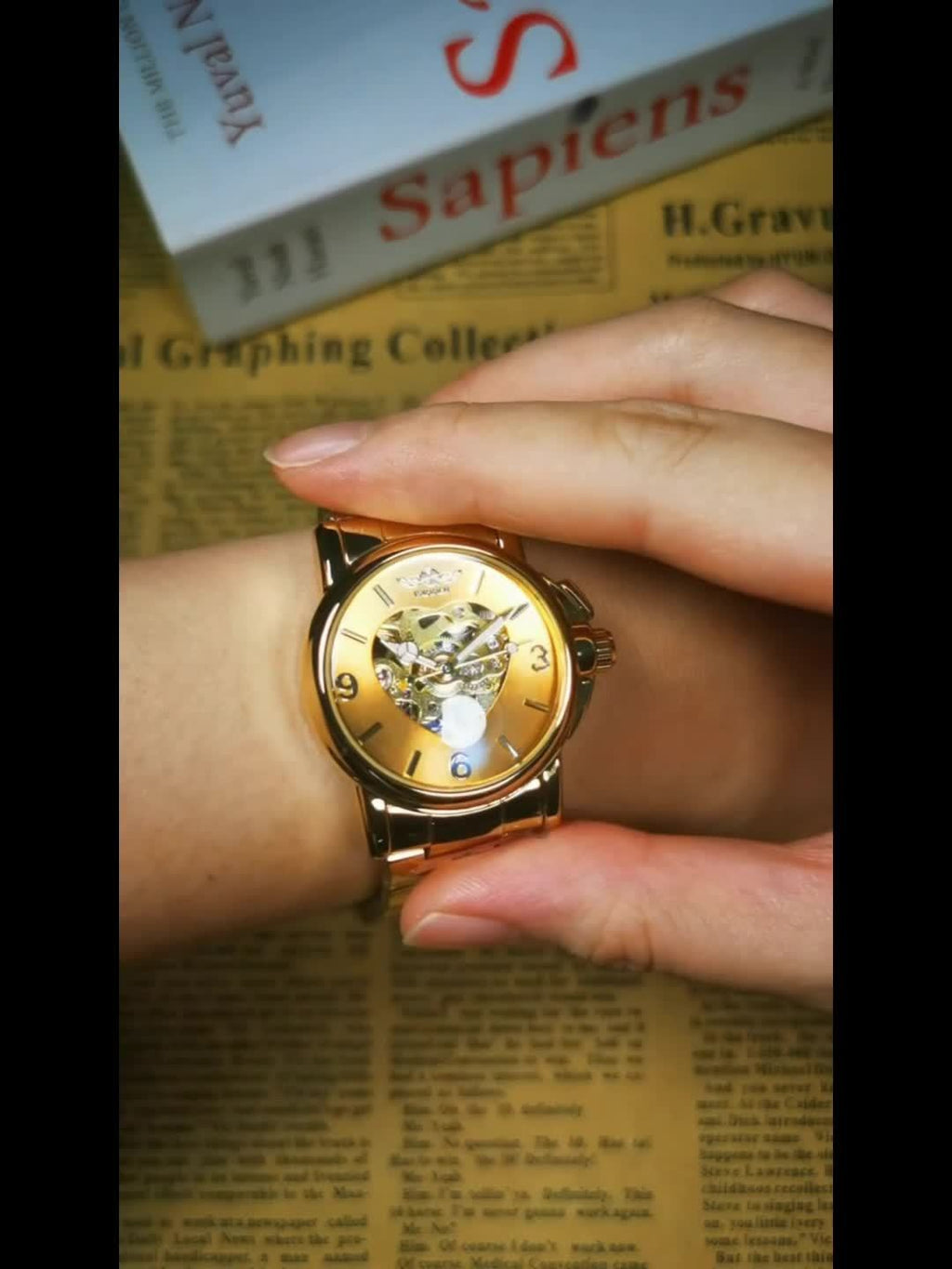 T-WINNER Women's Automatic Mechanical Watch – Luxury Gold Skeleton Dial, Luminous Hands, Stainless Steel Strap with Folding Safety Clasp