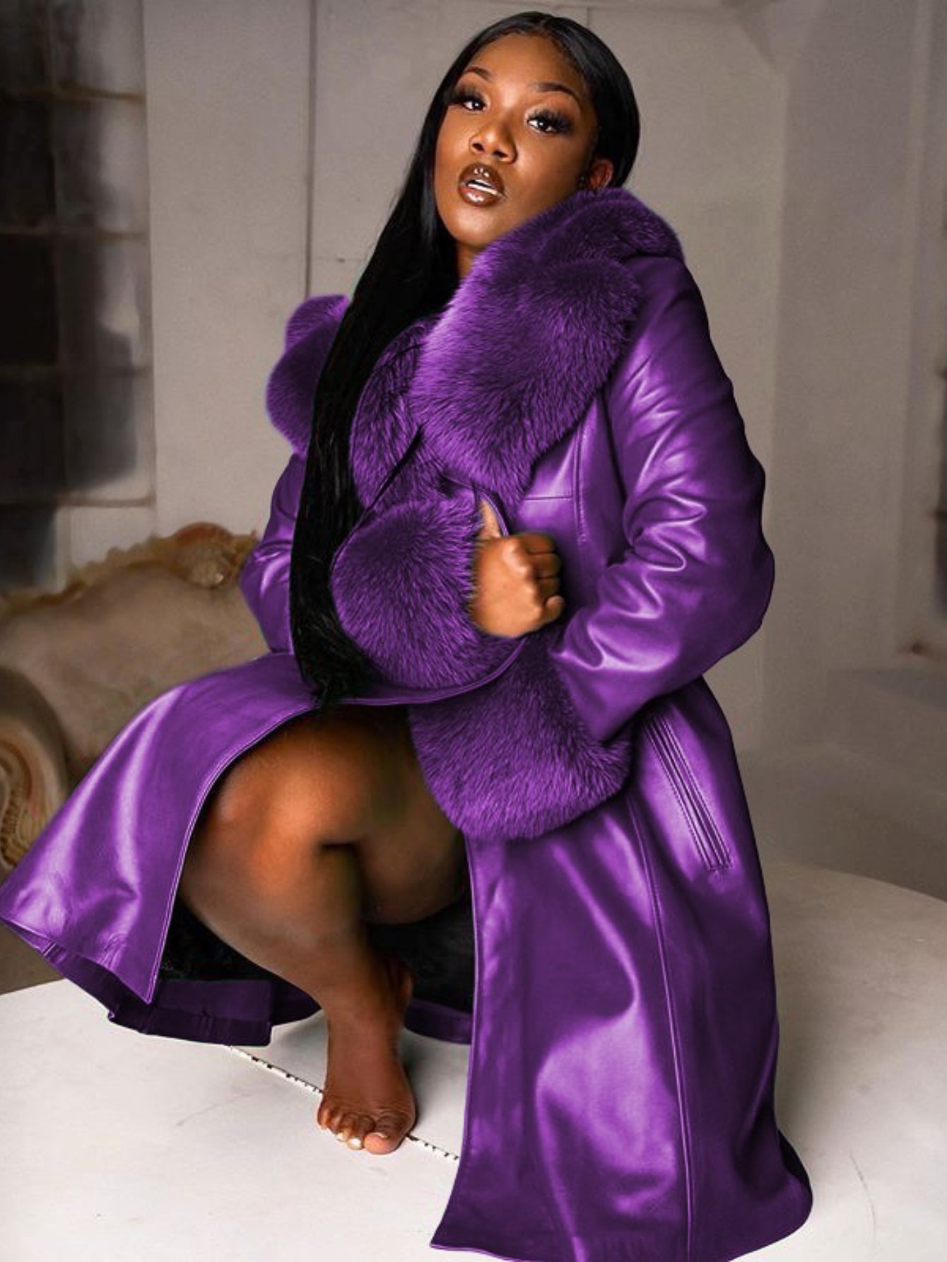 Plus Size Women's Purple PU Leather Coat with Faux Fur Collar & Lapel — Long Oversized Winter Jacket, Gold Zipper, Machine Washable