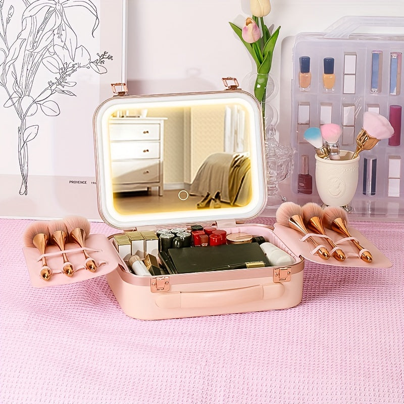 LED Lighted Rechargeable Travel Makeup Train Case with Mirror — Cosmetic Organizer for Women, USB Charging, 2000mAh